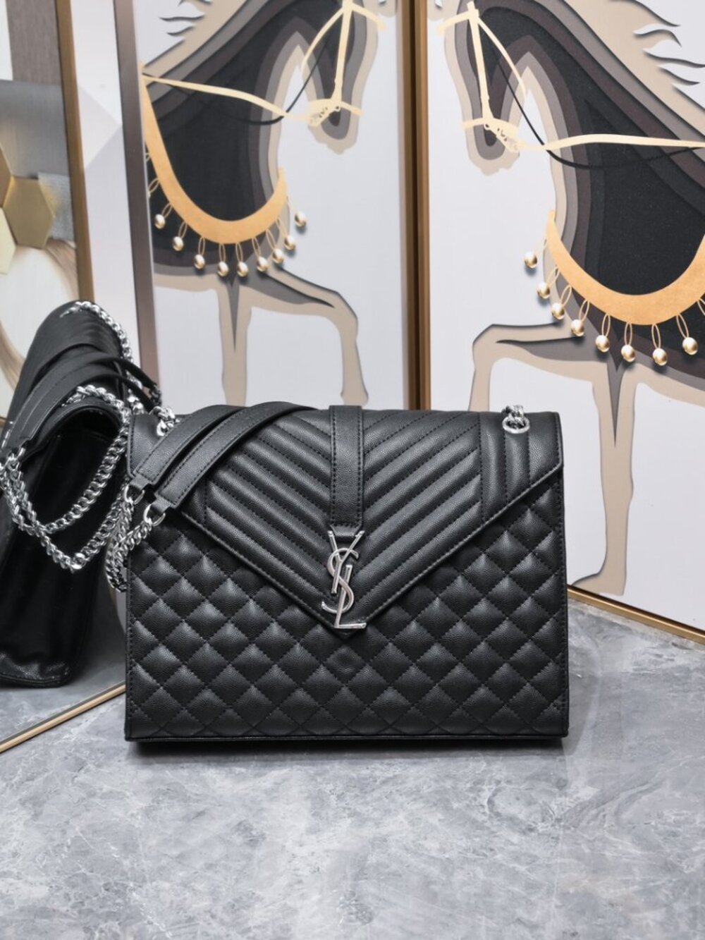 Saint Laurent Envelope Medium Chain Shoulder Bag Black Silver